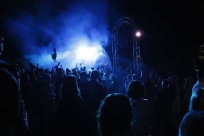 Silhouette people enjoying concert at night