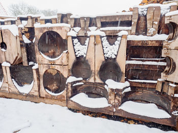 Close-up of snow on wooden wall