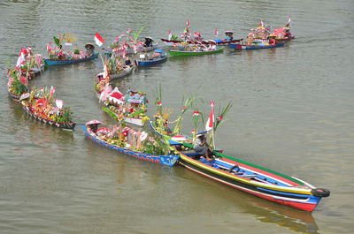High angle view of boats in canal