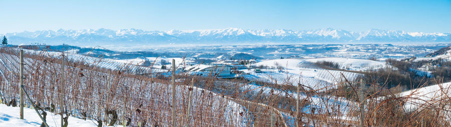 Panoramic view of snowcapped mountains against sky