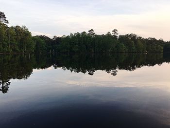 Scenic view of lake against sky at sunset