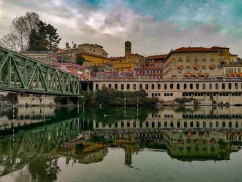 Reflection of buildings on river against sky