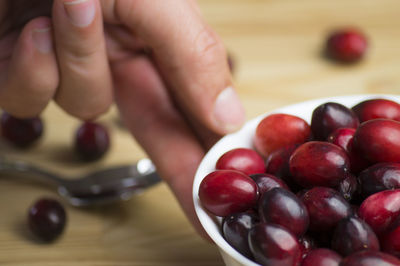Cropped hand of person holding bowl with cranberry on table