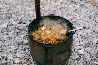 High angle view of food on barbecue grill