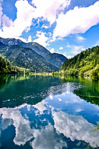 Scenic view of lake and mountains against blue sky