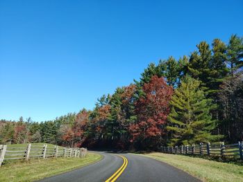 Road amidst trees against clear blue sky