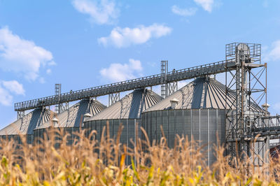 Low angle view of crane on field against sky