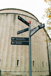 Low angle view of road sign against building