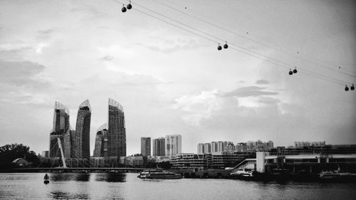 View of city at waterfront against cloudy sky