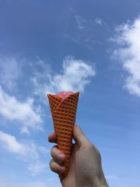 Cropped hand of person holding ice cream cone against sky