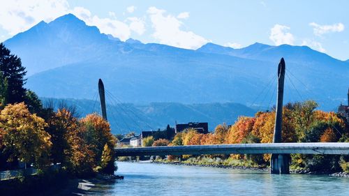 Scenic view of lake by mountains against sky