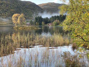 Scenic view of lake against sky during autumn