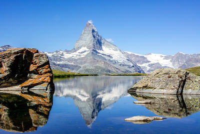 Scenic view of lake and mountains against clear blue sky