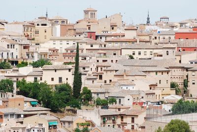 High angle view of residential buildings in city
