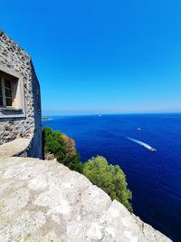 Scenic view of sea against clear blue sky