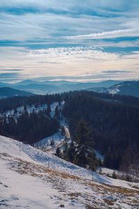 Scenic view of snow covered field against sky