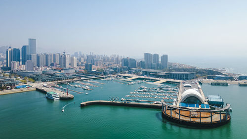 High angle view of city at waterfront