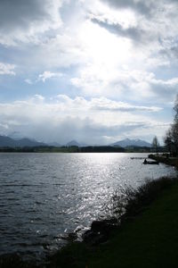 Scenic view of lake against cloudy sky