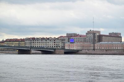 Bridge over river against buildings in city