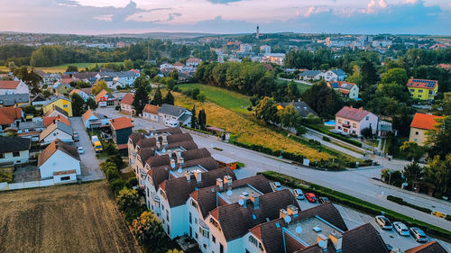 High angle view of buildings in city