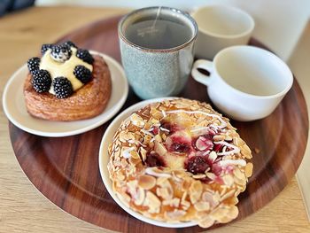 High angle view of breakfast on table
