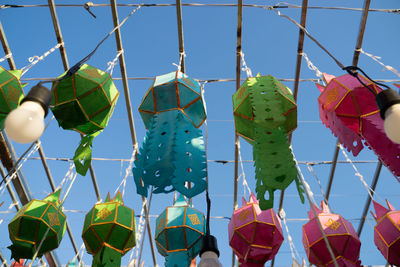 Low angle view of decoration hanging against clear sky