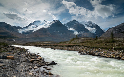 Scenic view of snowcapped mountains against sky