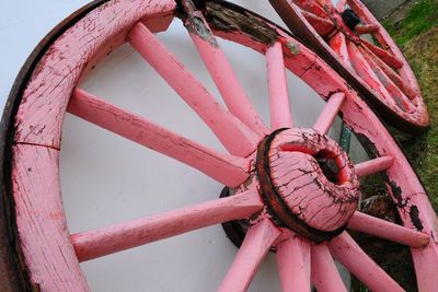 High angle view of old bicycle wheel