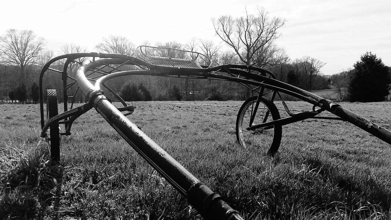 bicycle, field, transportation, grass, metal, fence, tree, land vehicle, sky, bare tree, railing, sunlight, clear sky, day, mode of transport, tranquility, outdoors, nature, safety, protection