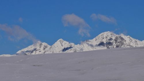 Scenic view of snowcapped mountains against sky