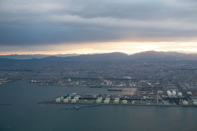 High angle view of cityscape against sky during sunset