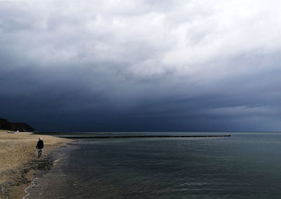 Rear view of man on beach against sky