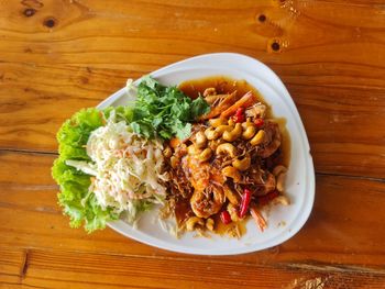 High angle view of food in plate on table