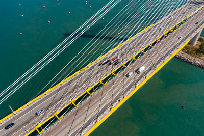 Aerial view of suspension bridge over bay