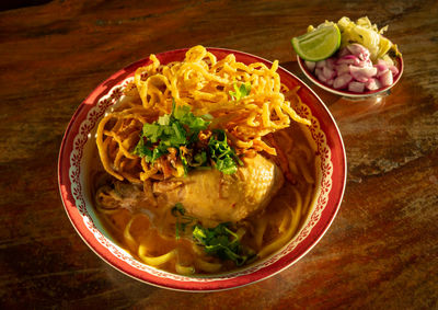 High angle view of meal served on table