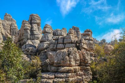 Low angle view of rock formation against sky