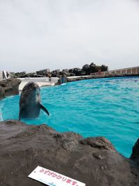 Swimming pool in sea against sky