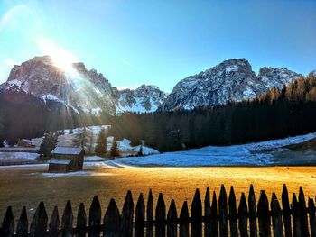 Scenic view of snowcapped mountains against clear sky