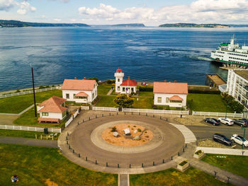 High angle view of buildings by sea against sky