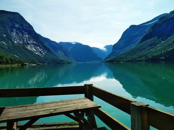 Scenic view of lake by mountains against sky