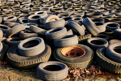 High angle view of abandoned tires