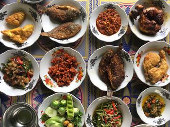 High angle view of food served on table