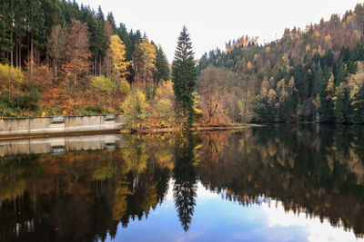 Reflection of trees in lake against sky