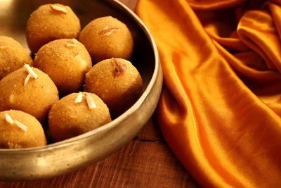 High angle view of fruits in bowl on table