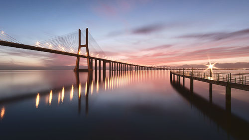 Bridge over river against sky during sunset