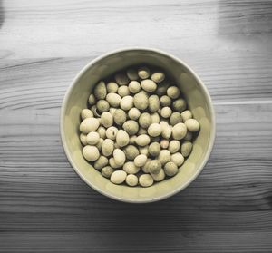 High angle view of eggs in bowl on table