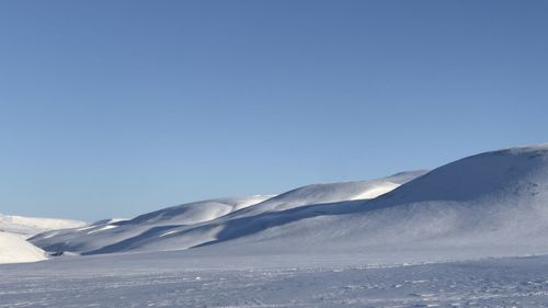 Scenic view of snowcapped mountains against clear blue sky - svalbard 