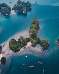 High angle view of boats on sea shore