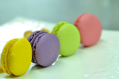 Close-up of multi colored macaroons in plate 
