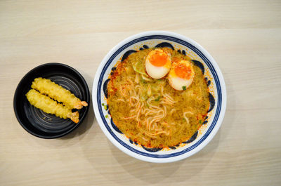 High angle view of breakfast served on table